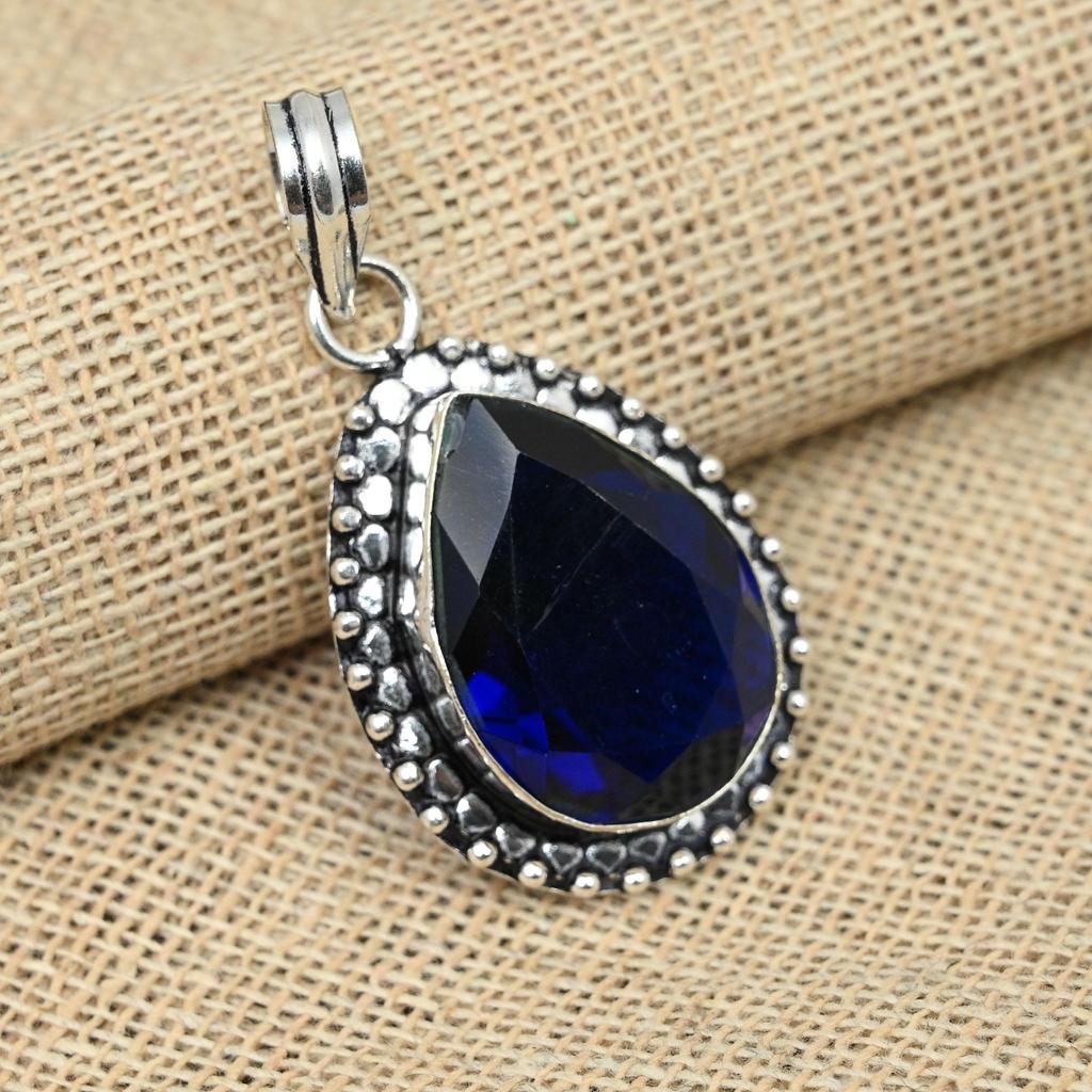 Lab-Created Blue Sapphire Gemstone Handmade 925 Sterling Silver Jewelry Pendant