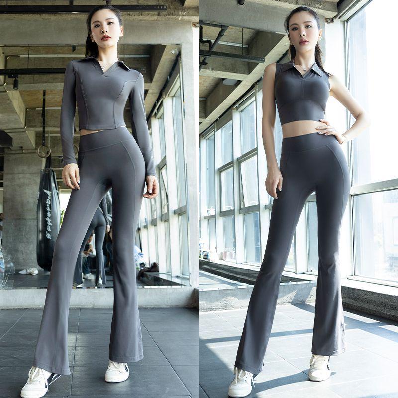 Women's Professional Yoga Suit with Chest Pads – Summer Pilates Training, Lapel, Long Sleeves, Outdoor-Ready Tight-Fitting Fitness Wear