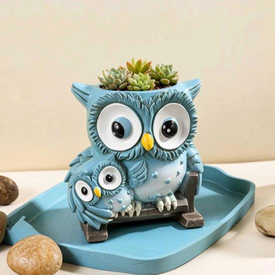 Cute Owl Planter Small Rocking Chair Animal Flower Pots with Drainage Hole Resin Plant Container for Outdoor Indoor Plants