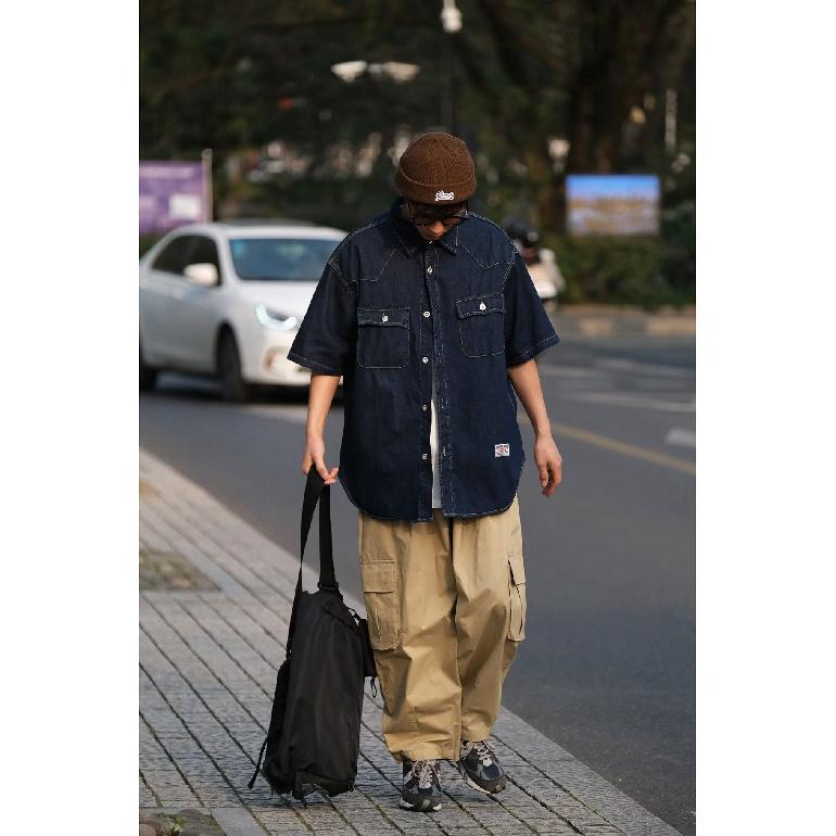 Japonská retro módní značka Letní volná džínová košile s krátkým rukávem Umělecká košile pro mladé Pracovní oděv Pánská a dámská vrstvená bunda