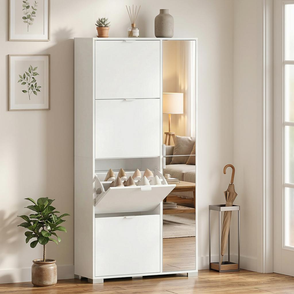 Shoe Rack with Mirror, 4 Flap Drawers, White
