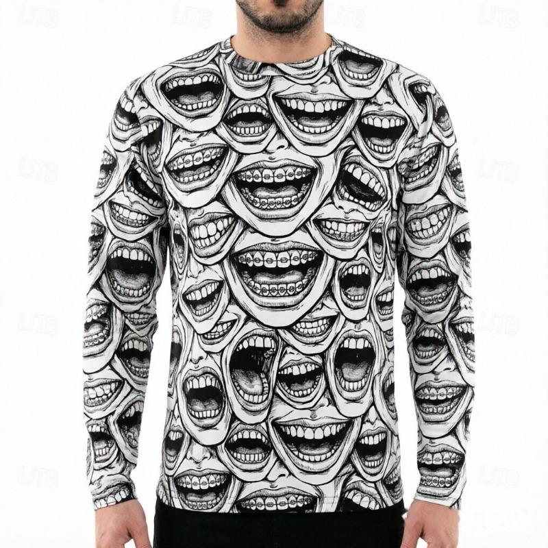Men's Long Sleeve T-Shirt Full Horror Eyes Mouth Pattern Gothic Creepy Art Streetwear Crew Neck Tops