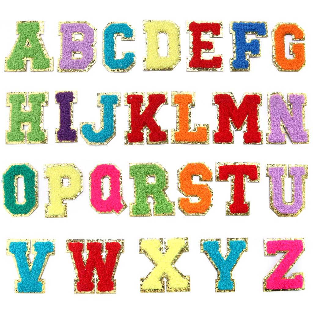 26Pcs/Set 6cm English Letter Patches Gold Edged Chenille Patches Iron On Stickers For DIY Crafts Clothing Hat Bag Decoration