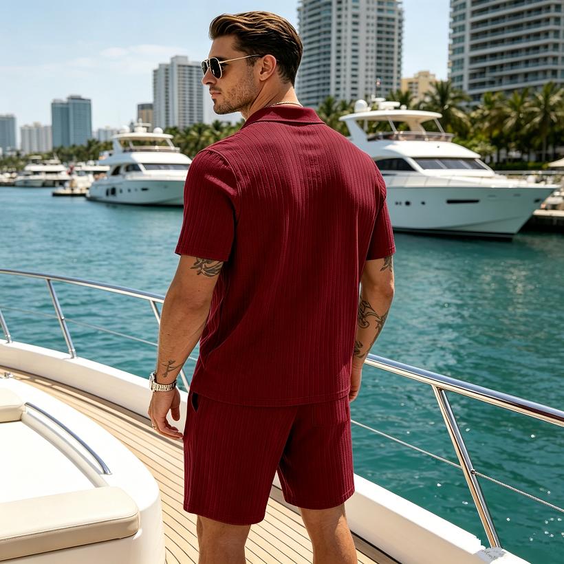 Men's Summer Beach Outfits 2 Pcs Jacquard Knit Lounge Short Sleeve Shirts and Shorts Vacation Texture Sets