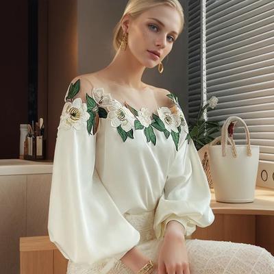Vintage Elegantní vyšívaná saténová halenka Dámská móda Topy Síťovina Patchwork Volné košile pro ženy Ležérní Vysoce kvalitní halenky s lucernovým rukávem Nové 24976