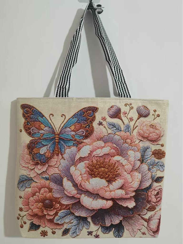 Ethnic Style Embroidered Canvas Shoulder Bag with Gold Thread.