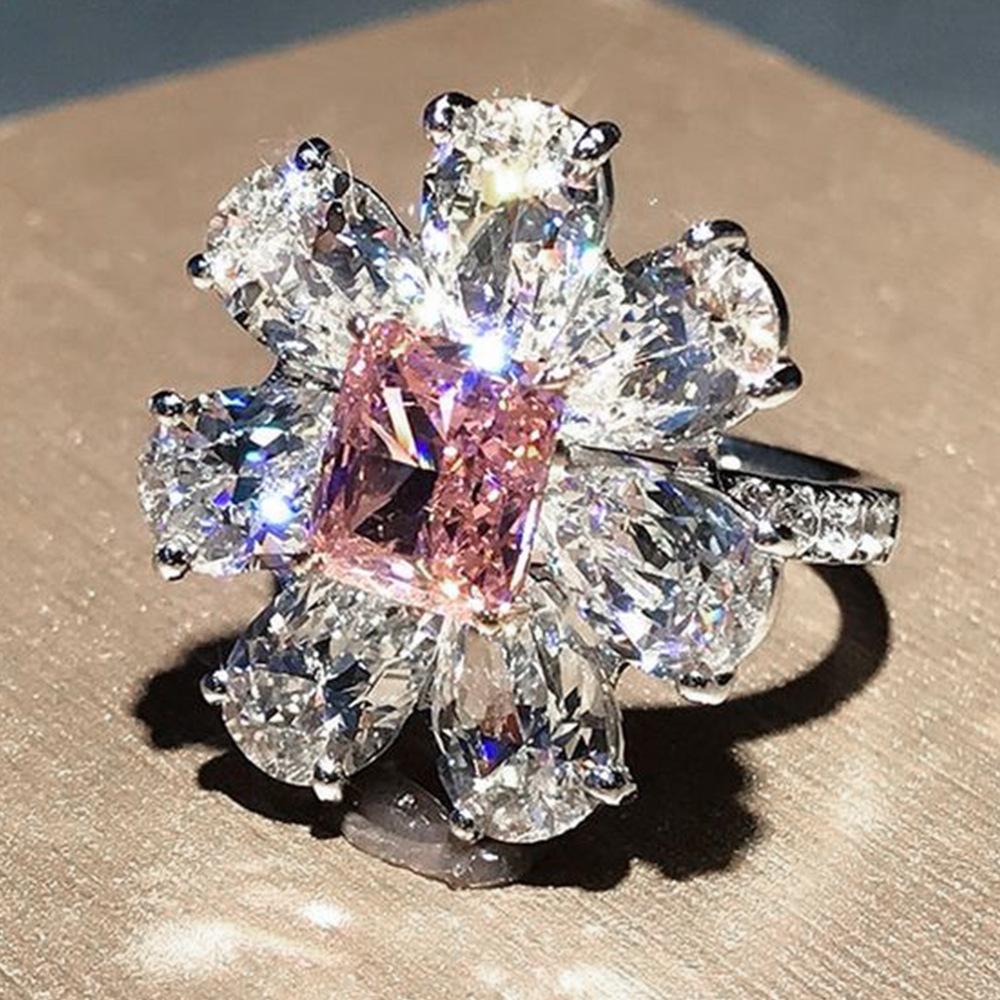 Flower Ring, Sweet Pink Diamond Zircon Flower Ring, Romantic Valentine'S Day Proposal Jewelry