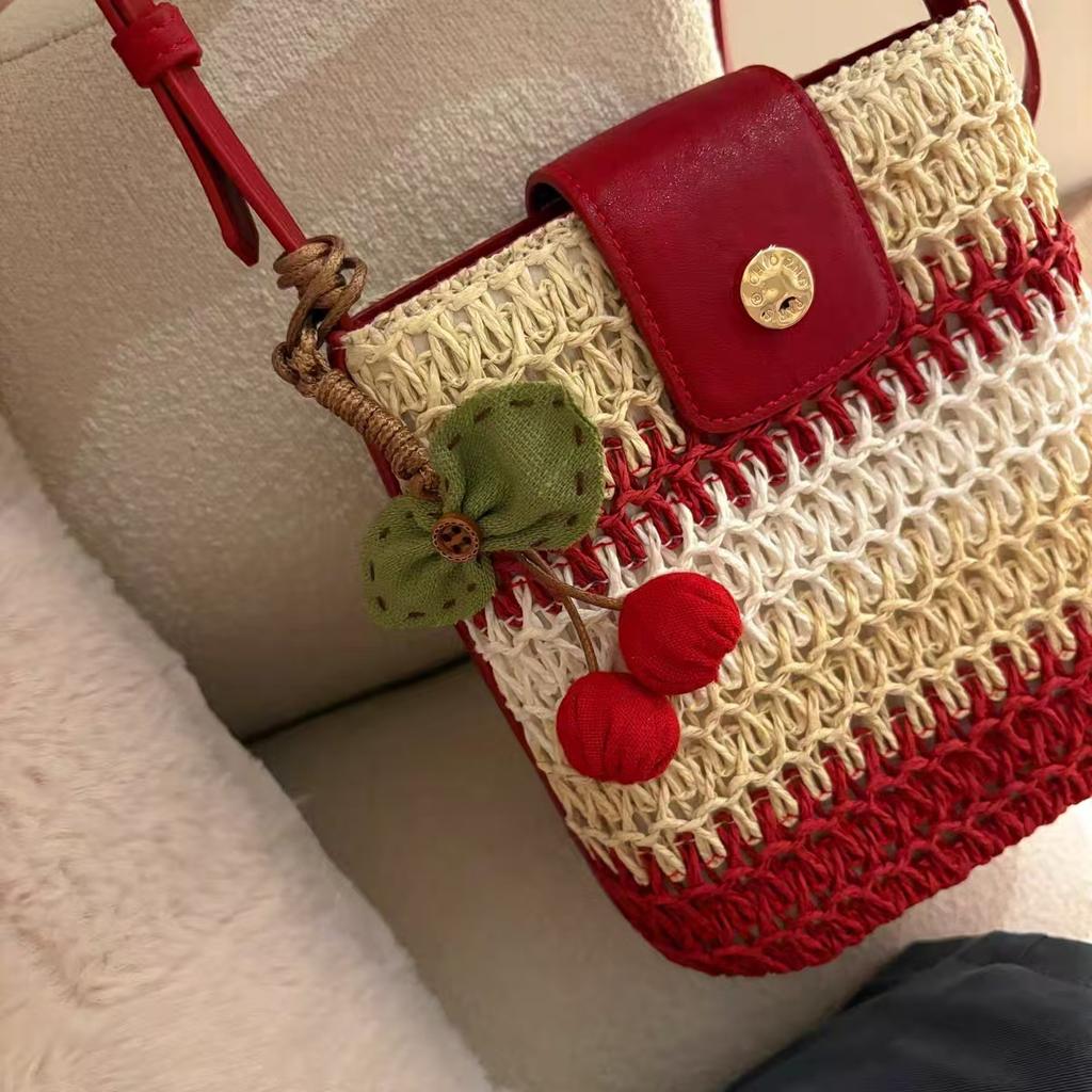 Nanfeng Versatile Trend Romani Ball Bucket Bag Women's Summer Color Blocking Seaside Woven Bag One-shoulder Crossbody Bag