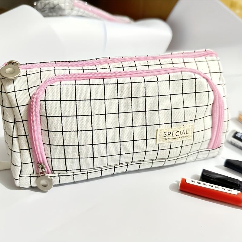 Stylish Black and White Checkered Canvas Pencil Case - Versatile Organizer for Stationery, Office Supplies, Perfect for Young Adults Pencil Pouch