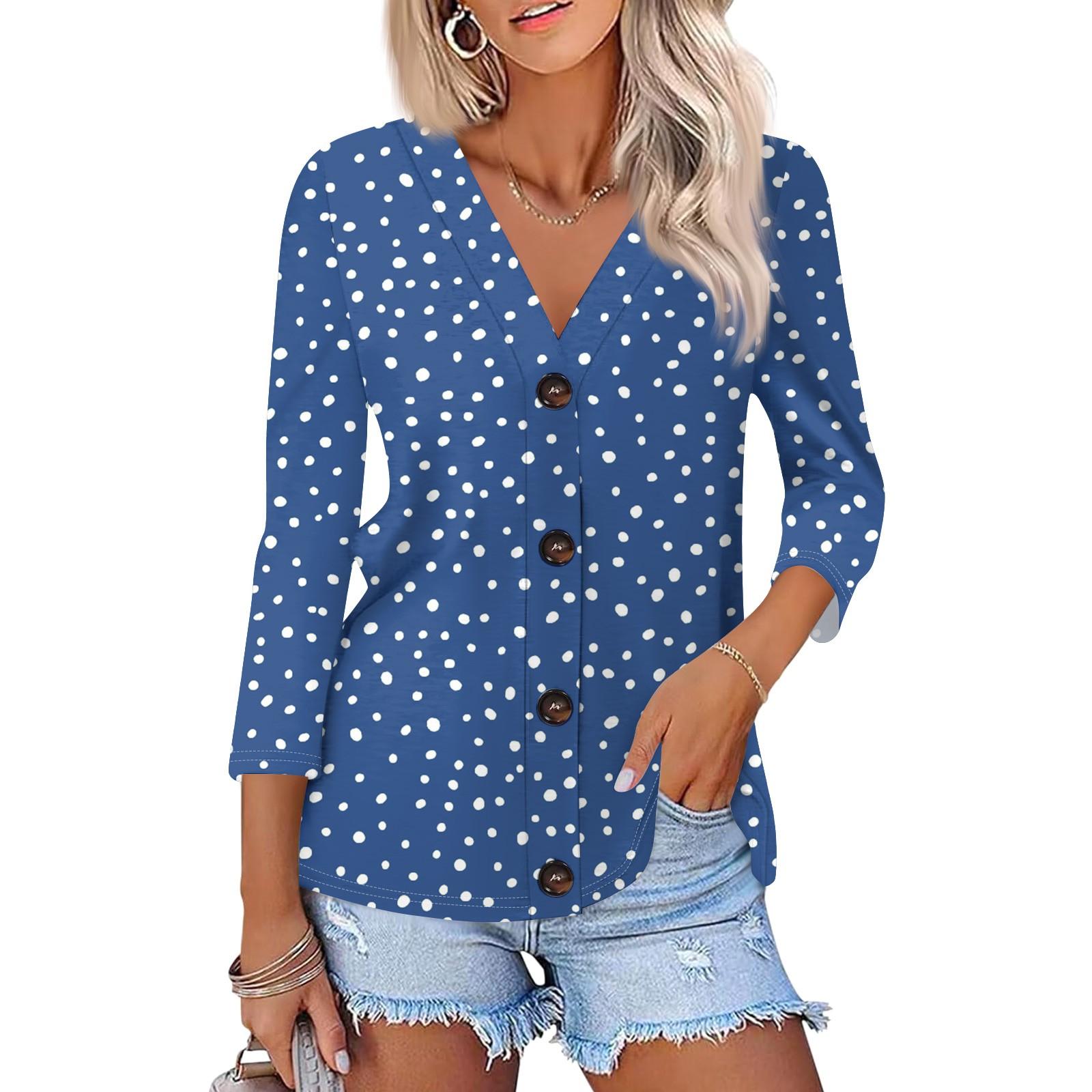

Women s Fashion Casual Print Button-down Shirt 3/4 Long Sleeve Tops L синій