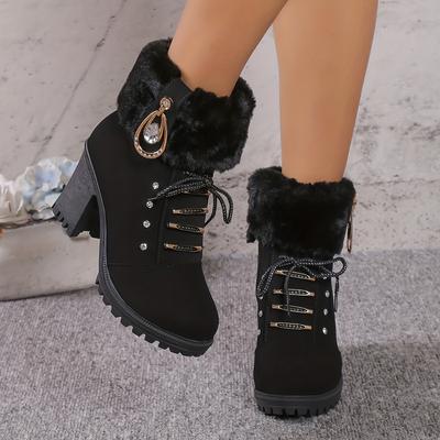 Women's Plush Heeled Ankle Boots, Rhinestone Decor Side Zipper Thermal Chunky Heels, Fashion Fluffy Short Boots