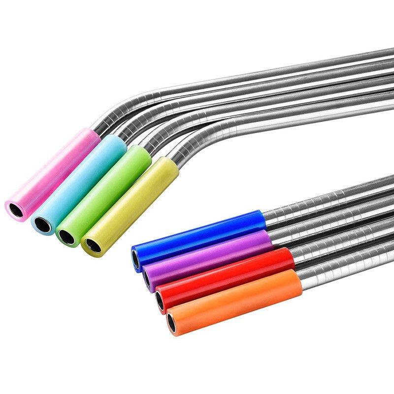 Elegant And Durable 8 Pcs Stainless Steel Metal Drinking Straws With Silicone Tips