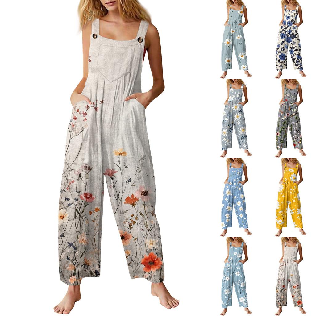 Womens Casual Overalls Jumpsuits Adjustable Straps Sleeveless Bohemian Comfy Rompers With Pocket