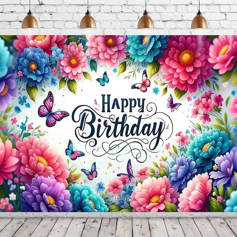 

2D Happy Birthday Floral Butterfly Backdrop Photography Background Banner 47.2x31.5inch/120*80cm