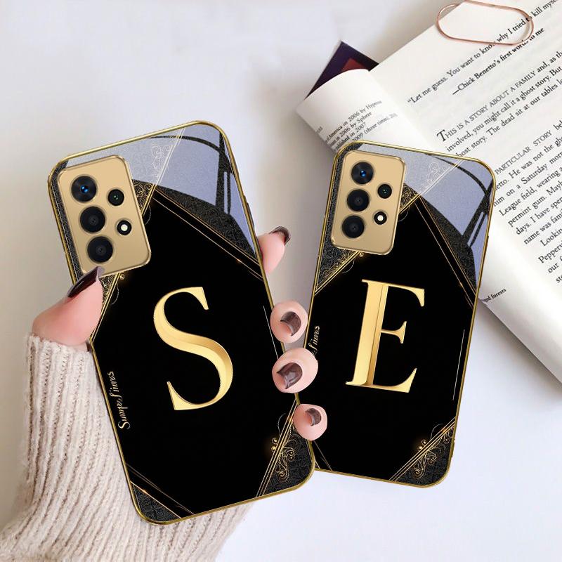 Luxurious emblem letters For Samsung A 01 52S A04 A05S A10 A12 13 22 23 24 36 42 M02 Note 10 20Ultra 8 9 Golden glass phone case