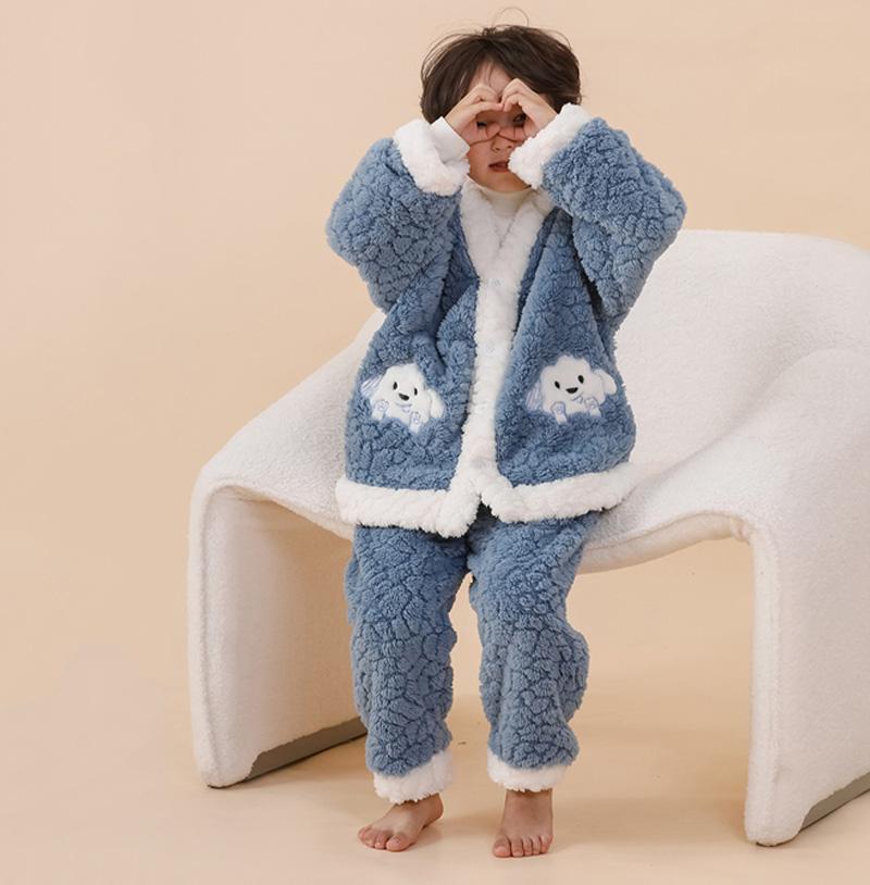 Boys Girls Winter Sets Children Cartoon Thicken Soft Suits Teenager Padded Pajamas+Pants 2Pcs Outfits Kids Plus Velvet Clothing
