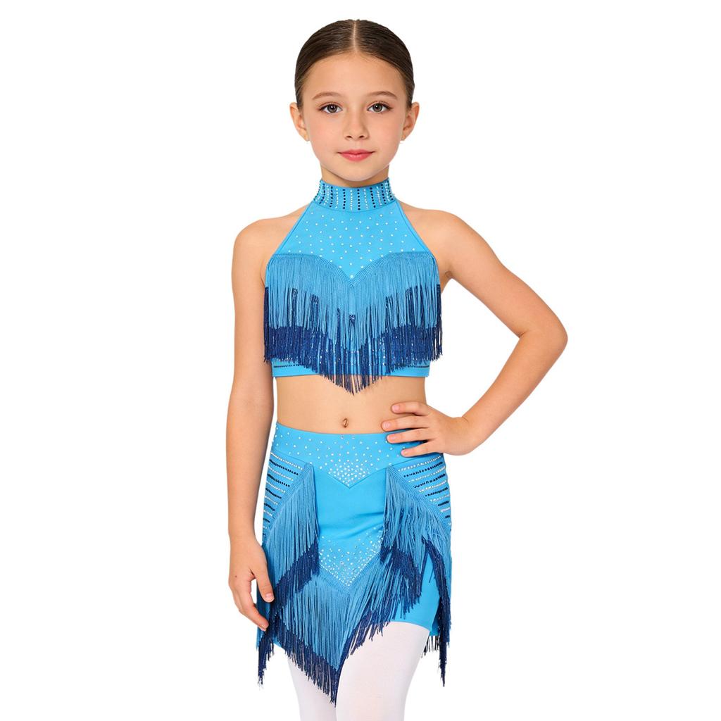 Eye-Catching Latin Dance Top with Skirt for Girls: Halter Neck Rhinestone Tassel Crop Top & Attached Briefs Skirt for Recital