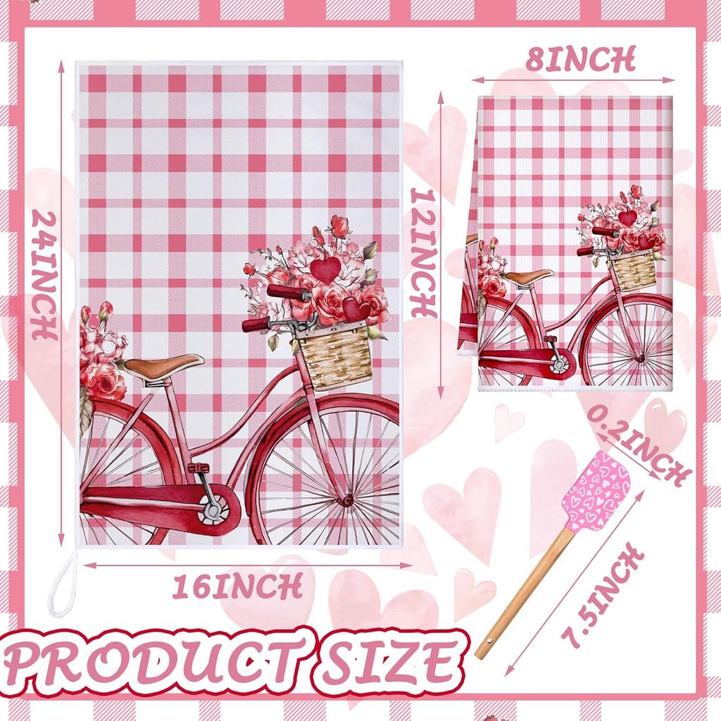 9 Pcs Pink Valentine's Day Kitchen Accessories Decor 6 Kitchen Towels 3 Heart Silicone Spatulas with Wooden Handles Pink Heart Gnome Bicycle Truck