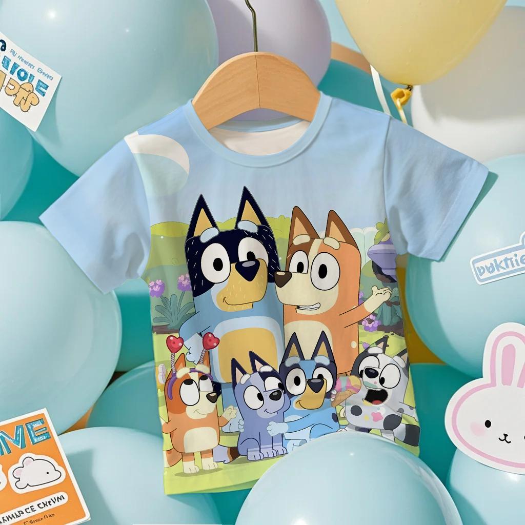 

Детская футболка 2026 Bluey Аниме 3D Летняя Прохладная Дышащая с коротким рукавом Мультяшный Принт Легкая футболка для мальчиков и девочек 110