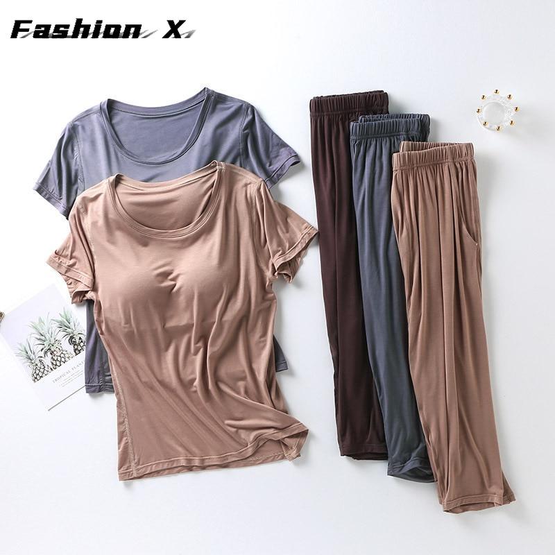Women's Pajamas Two Piece Short Sleeve Wide Leg Pants Large Size Homewear Set