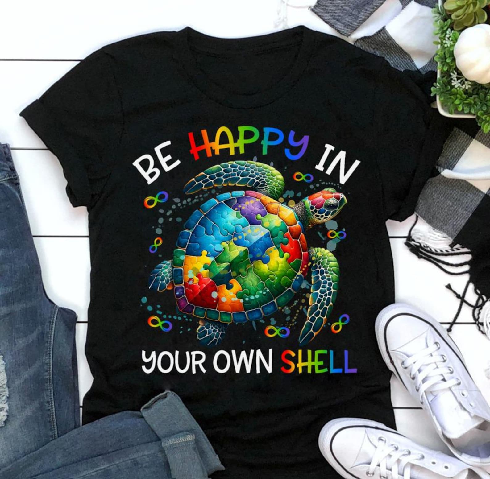 Puzzle Turtle Autism Awareness Shirt: Be Happy In Your Own Shell XL