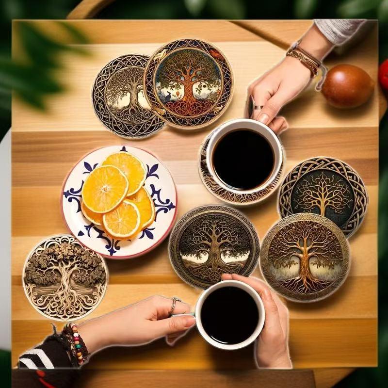 Tree of Life 8-Piece Wooden Heat-Insulating Non-Slip Coaster Set