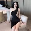 European & American Style Color Block One-Shoulder Slimming Dress - Sexy Summer Slit Vest Short Skirt