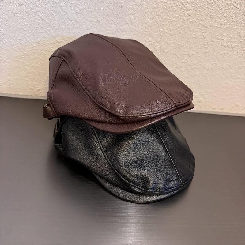 Vintage Hochwertige PU-Leder Forward Cap für Damen, Herbst und Winter Großer Kopfumfang Kappe Britischer Stil Dad Hat