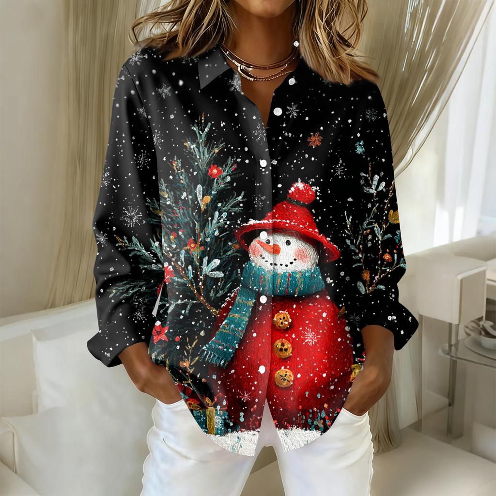 Women's Christmas Printed Button Up Long Sleeved Casual Regular Shirt With Collar Top