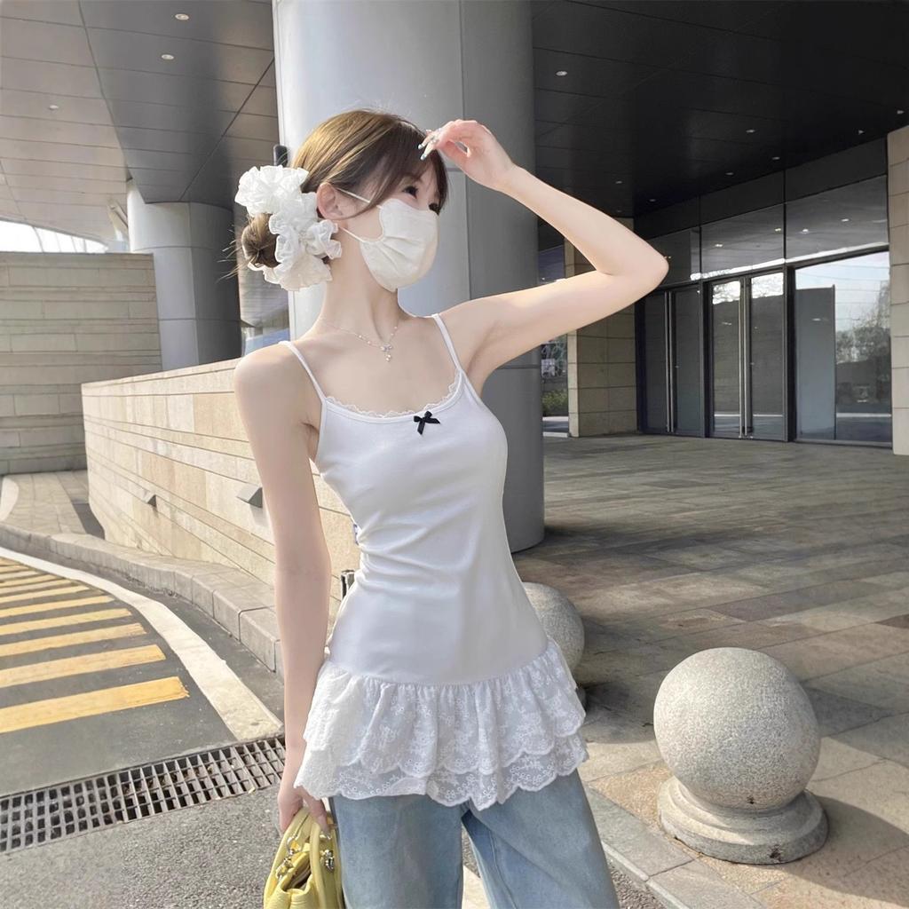 Korean version double-layer lace hem stacked sling vest women's summer outer wear ballet style bow lace edge top