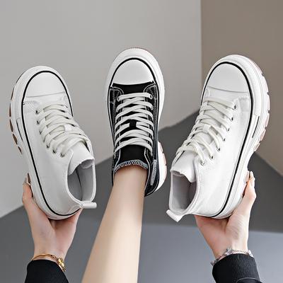 Moda Yeni Yüksek Tabanlı Kadın Kanvas Ayakkabıları, Günlük Kalın Tabanlı Çok Yönlü Bağcıklı Kumaş Spor Ayakkabıları, Outdoor Yürüyüş Platformlu Tenis Ayakkabıları