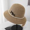 French sunshade bow pearl flat top straw hat sunshade sunscreen casual fashion versatile beach hat women