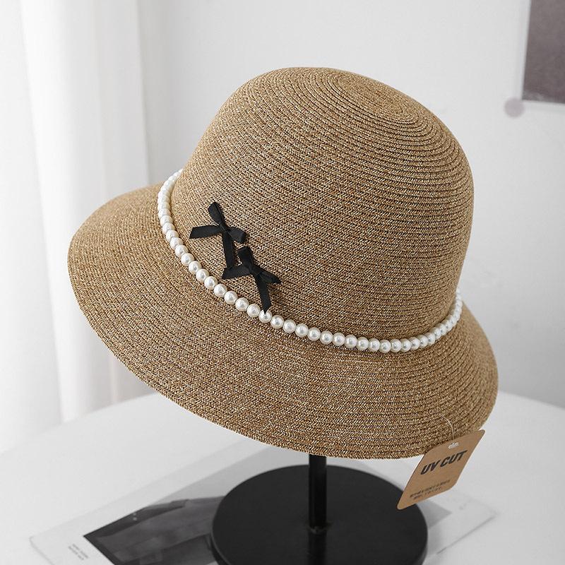 French sunshade bow pearl flat top straw hat sunshade sunscreen casual fashion versatile beach hat women