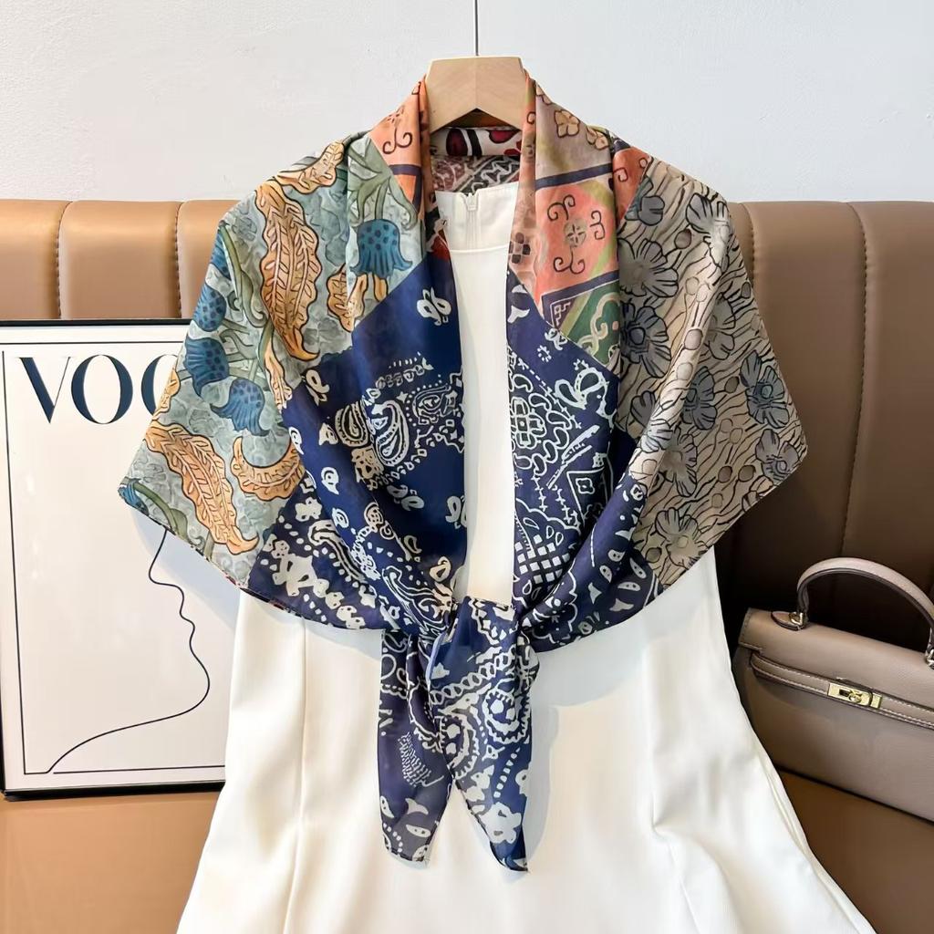 Tencel Cotton Blended 110 * 110 Silk Scarf Chinese Square Scarf Versatile Scarf Neck Protection Scarf Spring Flower Series