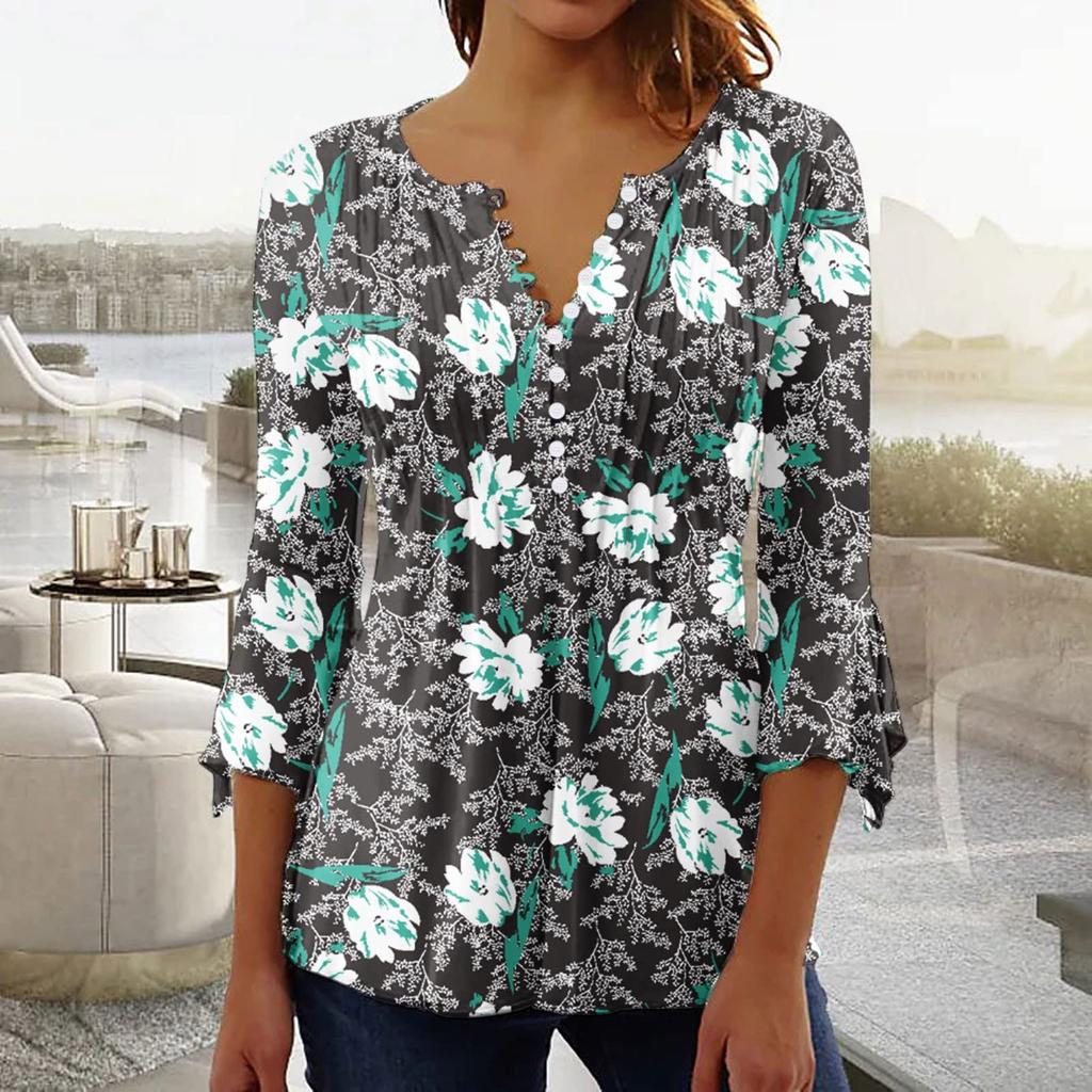 Ladies Top Floral Print V-Neck Short Sleeve Button T-Shirt
