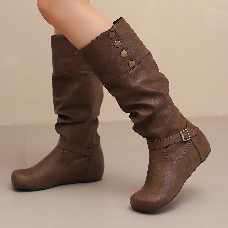 Women's flat-bottomed casual boots autumn and winter new inner height increase solid color large size medium boots