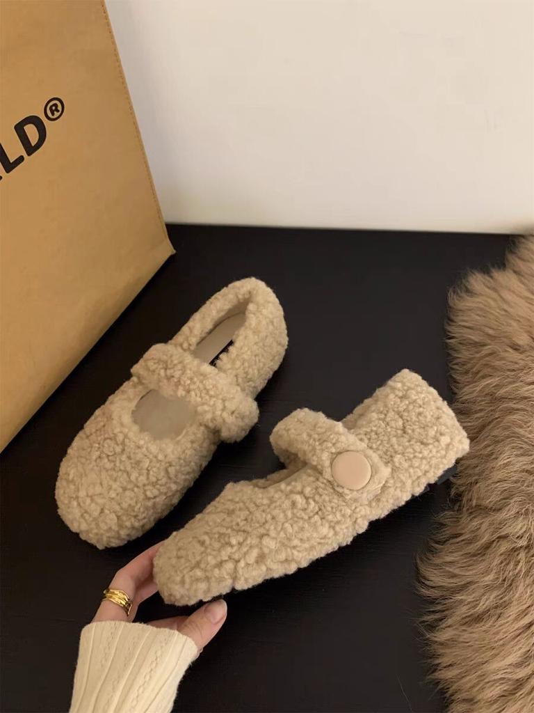 Gentle Fairy Wind Round Head Word with Lamb Wool Shoes Female Autumn and Winter Wear Flat-bottomed Pregnant Women Warm Bean Cotton Shoes