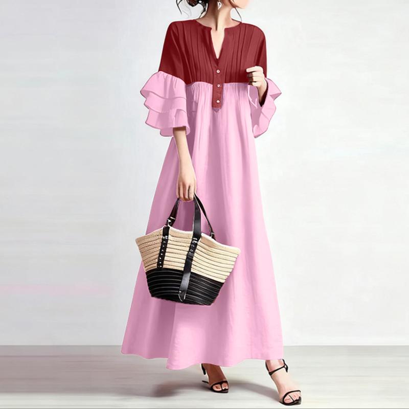 ZANZEA Women Casual V-neck Ruffles 3/4 Sleeve Loose Long Dress