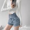 Damen Hellblaue High-Waist A-Linien Denimshorts: 2025 Koreanischer Sommerstil, Elastischer Bund, Lässiges Schwarzes Weitbein-Design
