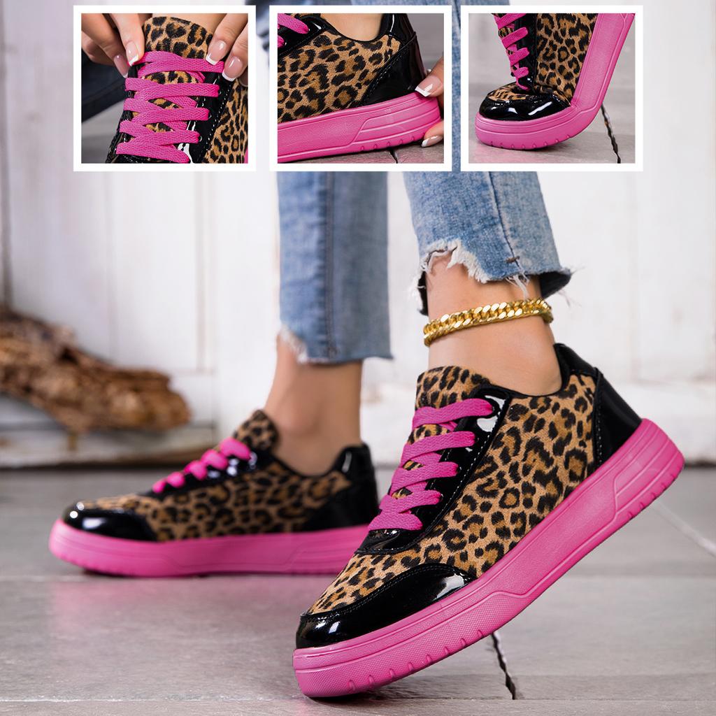 Ladies' Outdoor Trendy Pink Leopard Print Wide Toe Casual Sports Shoes
