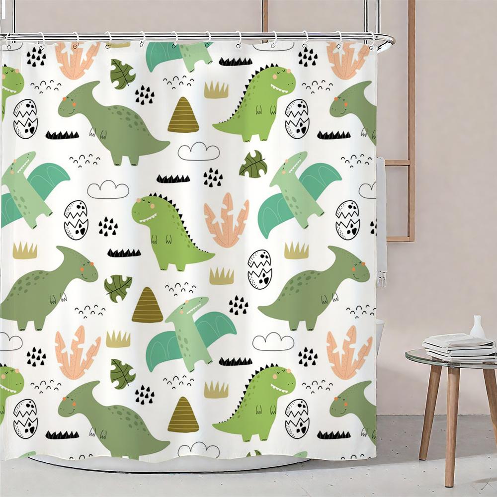 Cute Dinosaur Shower Curtain Green Cartoon Dinosaurs Print for Kids Bathroom Decor Polyester Bath Curtain with Hooks 90X180cm(35x70in)