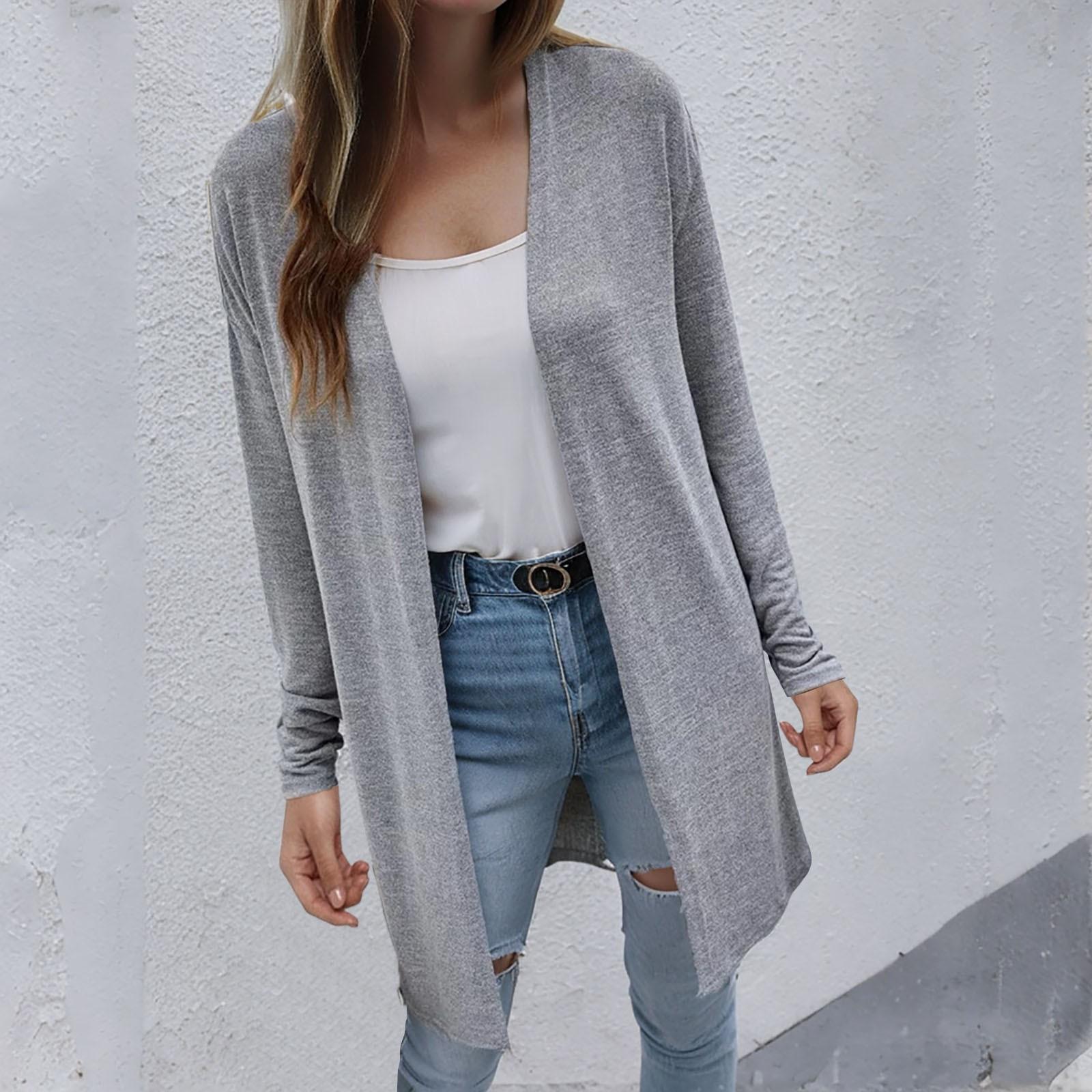 

Женский однотонный мягкий эластичный кардиган удлиненного кроя с длинным рукавом, открытый спереди, вязаный кардиган крупной вязки, однотонный, для работы, прилегающий топ XXL серый