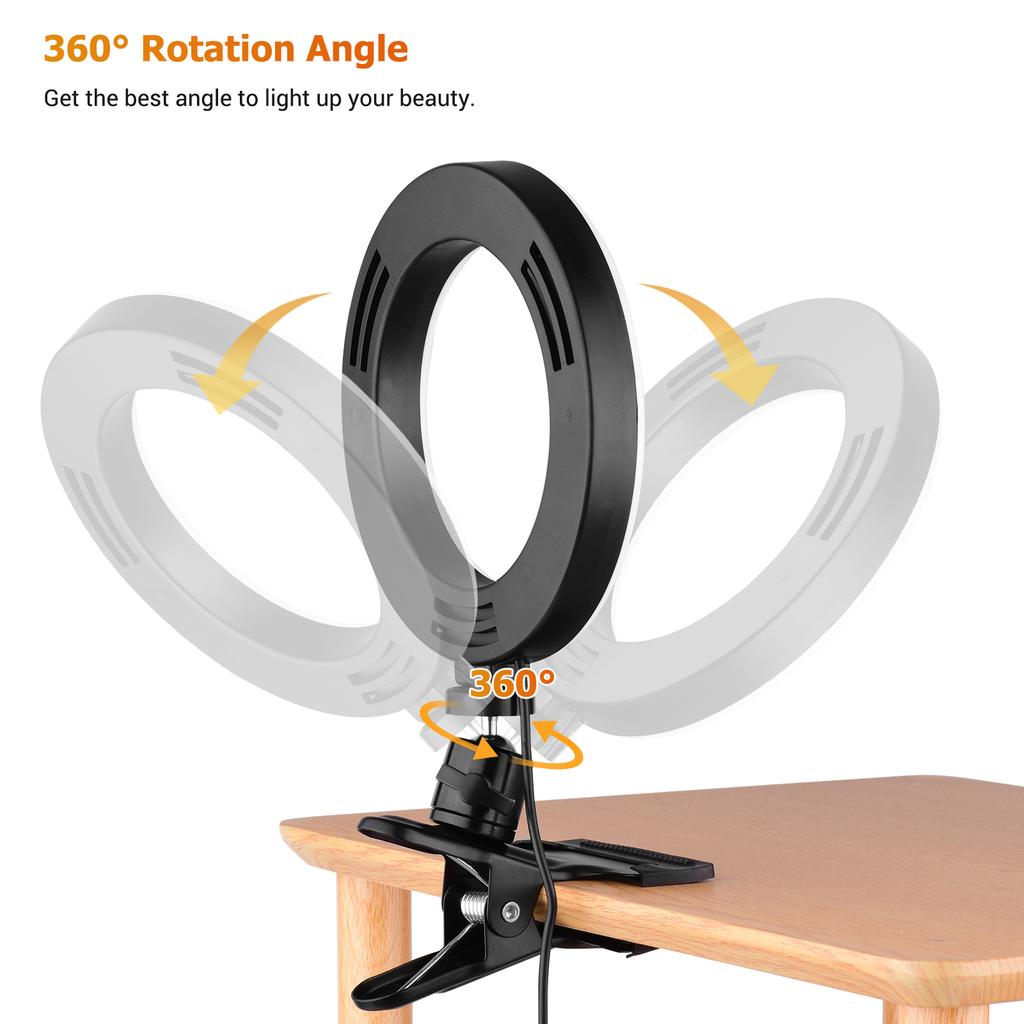 6.3 Inch 2700K-5500K Selfie Ring Video Light with Clamp Mount 3 Dimmable Colors 11 Brightness