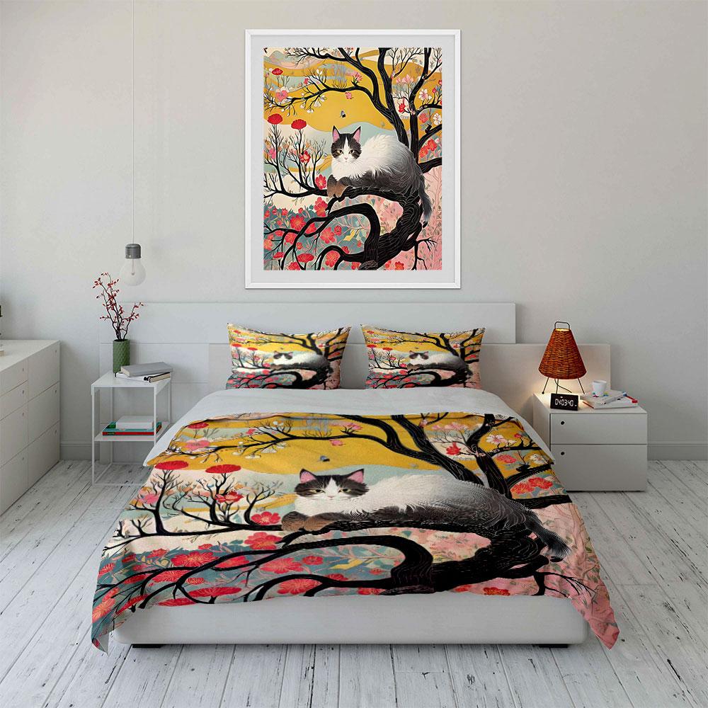 "Cat Art Three-Piece Decorative Set" Bedding Set with 1 Duvet Cover 2 Pillowcases Single Double King Queen, Gift