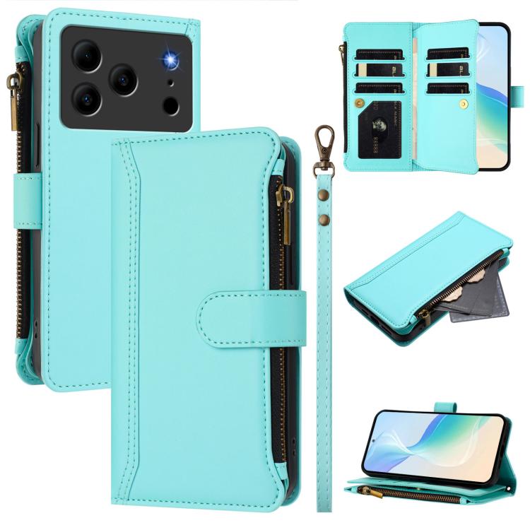 

Magnetic Closure 9 Card Slots Zipper Leather Case with Hand Strap For Doogee Note 56 / Note 56 Pro зелений