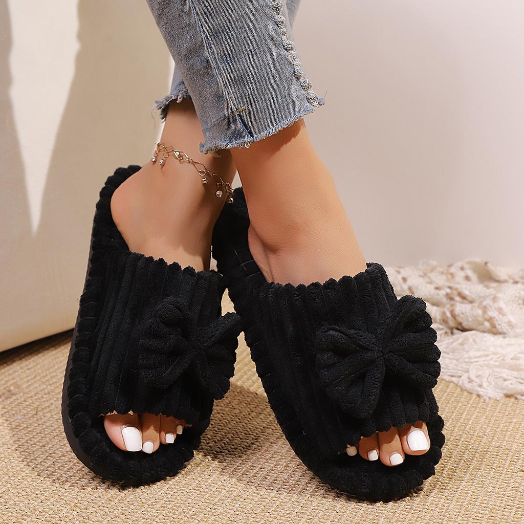 Warme Hausschuhe mit Schleifendekor, lässige Plüschschuhe mit offener Spitze, bequeme Hausschuhe