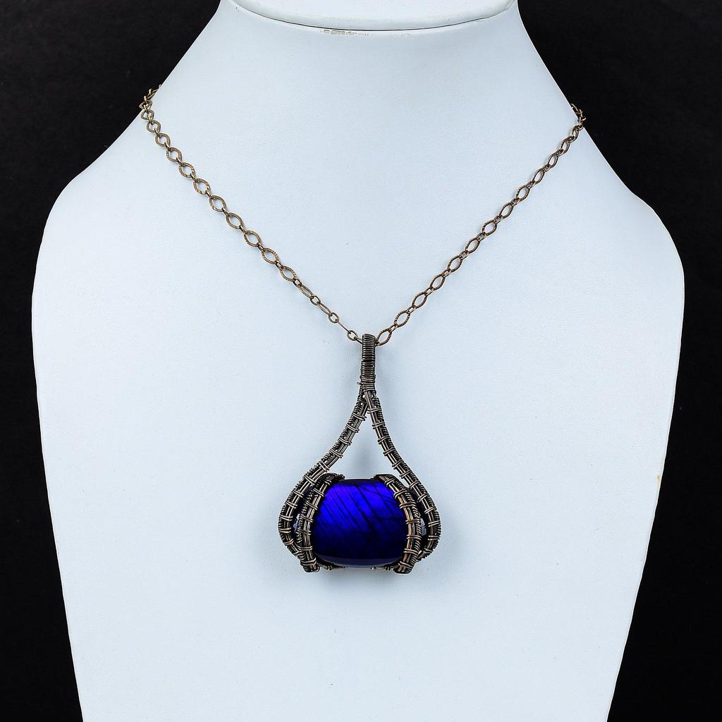 Blue Flash Labradorite Gemstone Pure Copper Wire Wrapped Handmade Pendant Jewelry