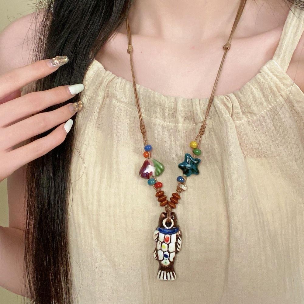 Tassel Ethnic Style Necklace Wood Bohemian Style Choker Antique Long Sweater Chain  Decoration