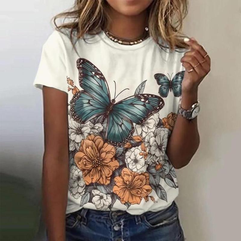 Women's T-Shirt Butterfly Graphic Print Summer Short Sleeve Casual Tops Street Fashion O Neck T-Shirt Oversized Female Clothing