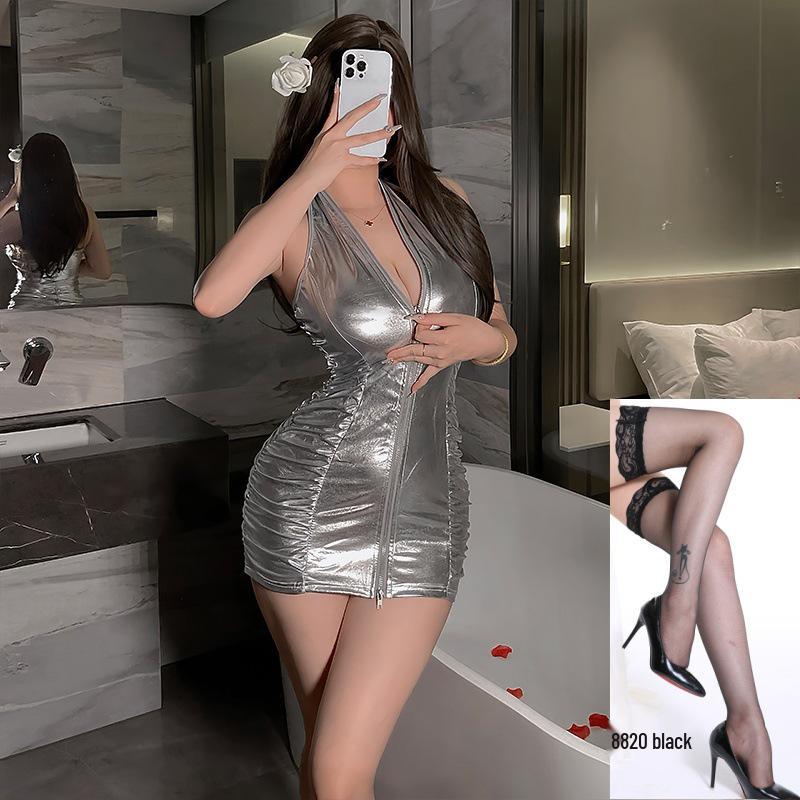 Flirty Plus Size Halter V-Neck Backless Silver Zipper Bodycon Mini Dress for Women